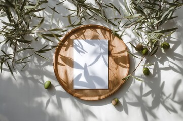 Mock-up setup for wedding invitations in summer style with empty card, wooden tray, and olive foliage under sunlight on a white surface with shadows, viewed from above in a feminine flat lay.