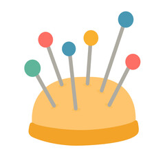 Flat vector illustration of a yellow pincushion with colorful sewing pins, isolated cute minimal cartoon clipart.