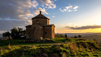 Fototapeta premium Ancient Chapel on a Hilltop at Sunset in Tuscany.