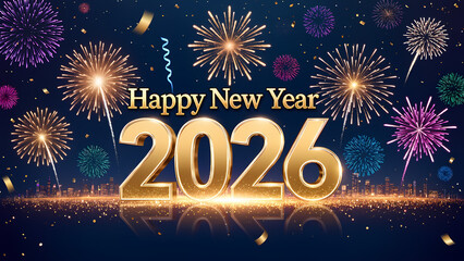 2026 Happy New Year greeting card. Banner with 2026 gold numbers with shining particles, glow light effect and glitter texture