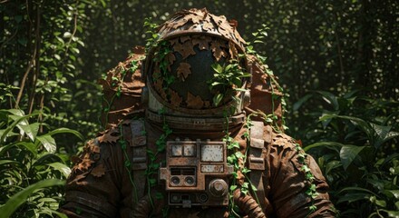 Astronaut Suit Overgrown With Lush Green Jungle Vegetation Detailed Close Up