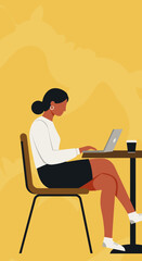 Focused woman working on laptop at a cafe table with coffee Remote work digital nomad lifestyle