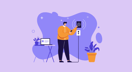 Man controls smart home device with smartphone Home automation IoT modern living technology concept