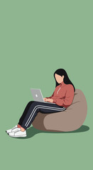 Young woman working remotely on laptop from a comfy beanbag chair Remote work freelancing lifestyle