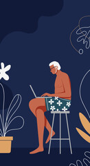 Senior man working remotely on laptop in a relaxed tropical setting Digital nomad lifestyle