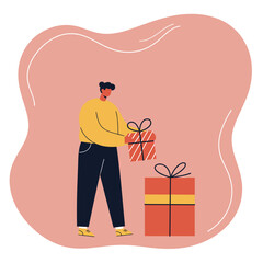 Person holding a striped gift box next to another celebrating a special occasion