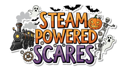 Steam Powered Scares: Whimsical illustration conjuring the spirit of Halloween, with a steam train, jack-o'-lanterns, spectral figures, and shadowy bats creating an atmosphere of spooky celebration.