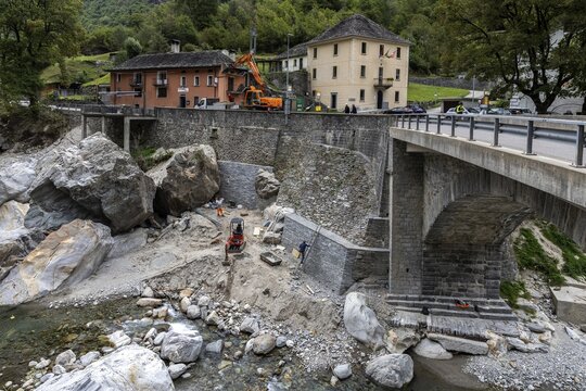 Prato, clean-up work in the Maggia riverbed after flooding in June 2024, Lavizzara, Canton Ticino, Switzerland