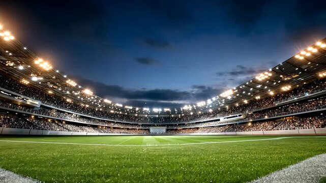 A lively stadium shines under bright lights as fans anticipate an exhilarating sporting event on the lush green field