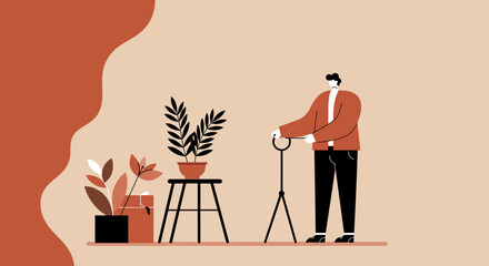 Man with tripod and plants capturing moments at home Creative hobby and lifestyle concept