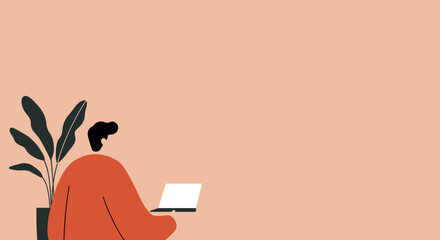Modern lifestyle person working remotely on laptop at home with houseplant