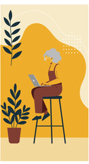 Senior woman using laptop at home office Modern digital learning remote work or connection