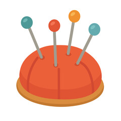 Flat vector illustration of a red pincushion with colorful pins, isolated minimal design, creative sewing cartoon clipart.