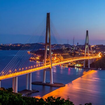 Illuminated suspension bridge at dusk over a harbor bay