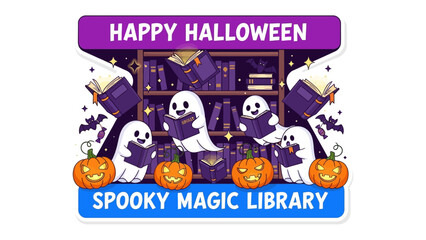 Happy Halloween's Spooky Scene: Embrace the eerie charm of Halloween with adorable ghosts, glowing pumpkins, and spellbinding books, all set against a backdrop of a mystical library.