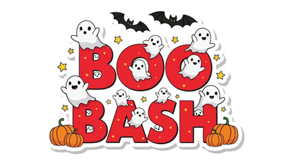 Halloween Boo Bash: Spooky and fun illustration features charming ghosts, bats and pumpkins in celebration of Halloween. This festive artwork is perfect for conveying the spirit of the holiday
