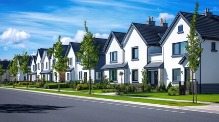 Suburban street, new homes, sunny day, green lawns, residential development