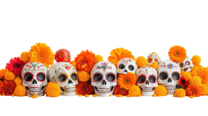 Day of the Dead festive skulls with vibrant marigolds on transparent background