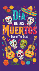 Flat style illustration of Día de los Muertos poster with sugar skulls, sombreros, and guitar, celebrating Mexican Day of the Dead, culture, remembrance, and festive tradition