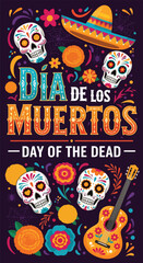 Flat style illustration of Día de los Muertos poster with sugar skulls, sombreros, and guitar, celebrating Mexican Day of the Dead, culture, remembrance, and festive tradition