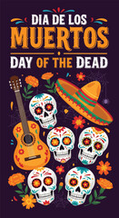 Flat style illustration of Día de los Muertos poster with sugar skulls, sombreros, and guitar, celebrating Mexican Day of the Dead, culture, remembrance, and festive tradition