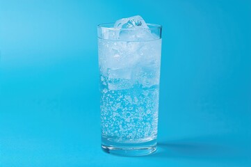 On a cobalt backdrop, a glass holds ice cubes and fizzy water, offering a revitalizing drink for warm weather