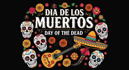 Flat style illustration of Día de los Muertos poster with sugar skulls, sombreros, and guitar, celebrating Mexican Day of the Dead, culture, remembrance, and festive tradition