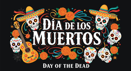 Flat style illustration of Día de los Muertos poster with sugar skulls, sombreros, and guitar, celebrating Mexican Day of the Dead, culture, remembrance, and festive tradition