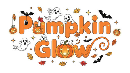 Pumpkin Glow Halloween Illustration: Vibrant and festive Halloween illustration, featuring a glowing pumpkin centerpiece, playful ghosts, and charming bats and decorative foliage.