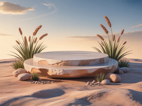 Natural Stone Podium on Desert Landscape with Pampas Grass Backdrop - Powered by Adobe