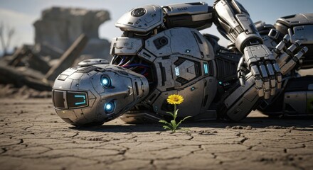 Hope Springs Eternal A lone flower blooms near a fallen robot