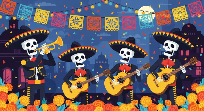Four mariachi skeletons celebrate Day of the Dead with music, surrounded by marigolds and festive decorations.
