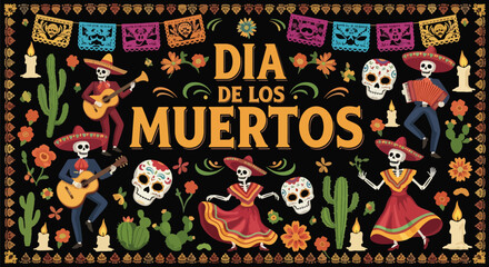 Flat style illustration of Día de los Muertos celebration with dancing skeletons, musicians, candles, and flowers, representing Mexican culture, remembrance, and festive holiday traditions