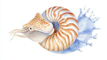 A watercolor illustration of a nautilus shell creating a splash of water.