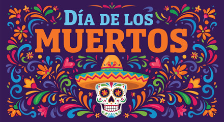 Flat style illustration of Día de los Muertos poster with sugar skull wearing sombrero, surrounded by floral decorations, celebrating Mexican heritage, remembrance, and traditional culture