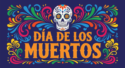 Flat style illustration of Día de los Muertos poster with sugar skull and floral decorations, celebrating Mexican culture, remembrance, and colorful traditional holiday design