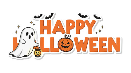 Happy Halloween: A spooky and cheerful Halloween greeting featuring a friendly ghost, carved pumpkin, and fluttering bats, all set against a backdrop of festive lettering.