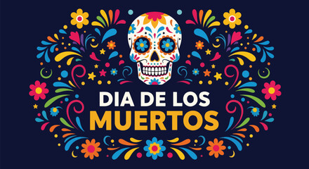 Flat style illustration of Día de los Muertos poster with sugar skull and floral decorations, celebrating Mexican culture, remembrance, and colorful traditional holiday design