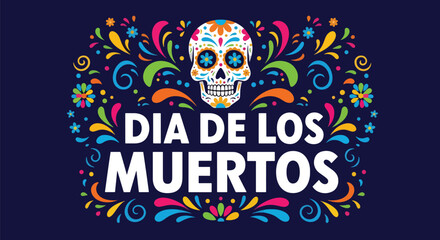 Flat style illustration of Día de los Muertos poster with sugar skull and floral decorations, celebrating Mexican culture, remembrance, and colorful traditional holiday design