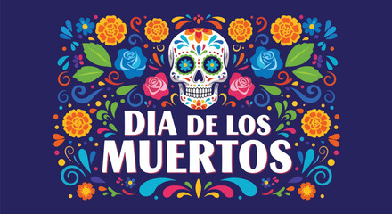 Flat style illustration of Día de los Muertos poster with sugar skull and floral decorations, celebrating Mexican culture, remembrance, and colorful traditional holiday design