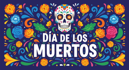 Flat style illustration of Día de los Muertos poster with sugar skull and floral decorations, celebrating Mexican culture, remembrance, and colorful traditional holiday design