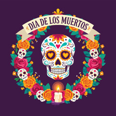 Flat style illustration of a colorful sugar skull with floral wreath and candle for Día de los Muertos, representing Mexican culture, remembrance, and festive holiday traditions