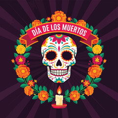 Flat style illustration of a colorful sugar skull with floral wreath and candle for Día de los Muertos, representing Mexican culture, remembrance, and festive holiday traditions