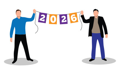 Two Business People Showing Banners to Celebrate 2026 Year. International winter holiday celebration vector art