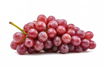 Fototapeta premium A Cluster Of Fresh Organic Red-Pink Grapes Against A White Backdrop, Side Perspective With Gentle Focus On Nutritious Fruit
