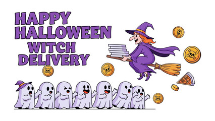 Witch Halloween Delivery: A whimsical Halloween scene of a friendly witch delivering pizza on a broomstick, with playful ghosts in tow. A fusion of fantasy and joy!