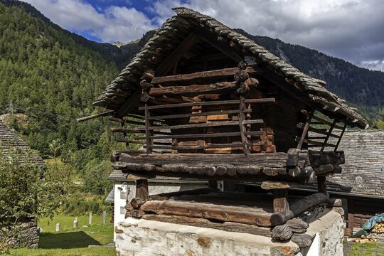 Characteristic old building made of stone and wood, Mogno, near Fusio, Lavizzara, Canton Ticino, Switzerland