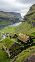 Turf-Roofed Village in Nordic Valley Under Moody Skies
