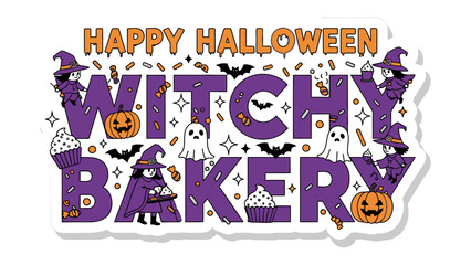 Whimsical Witchy Bakery: A delightful Halloween-themed bakery advertisement, featuring charming witch illustrations, spooky sweets.