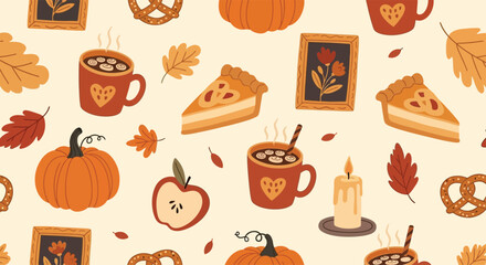 Cozy Autumn Seamless Pattern with Pumpkins, Pies, Hot Drinks, Candles, and Leaves